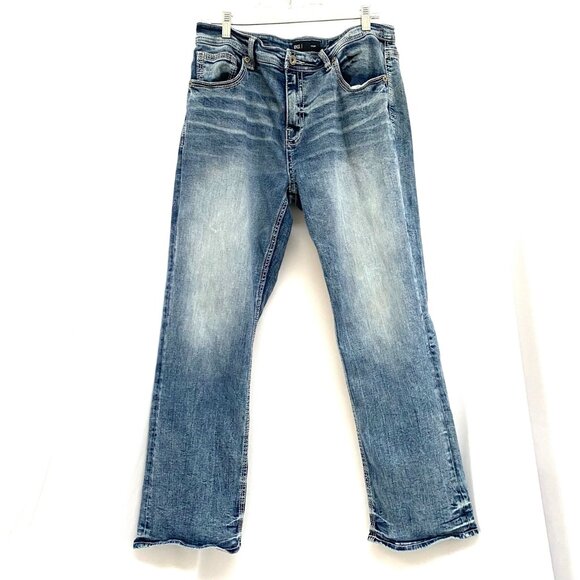 BKE Mens Tyler Bootcut Jean 34x30 (fit 34x29) Light Wash Whiskered Denim Western - Picture 1 of 12
